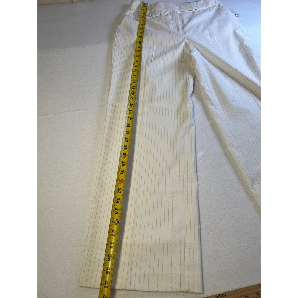 Cato Women White Gold Metallic Pinstripe Wide Leg Old Money Dress Pants Trouser